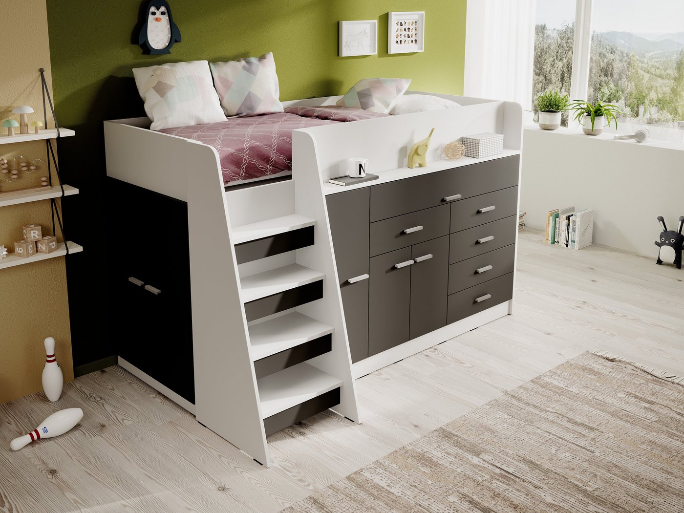 Möbel für Dich Hochbett Ingenio mit ausziehbarem Schreibtisch, Treppe und viel Stauraum mit Lattenrost von Möbel für Dich