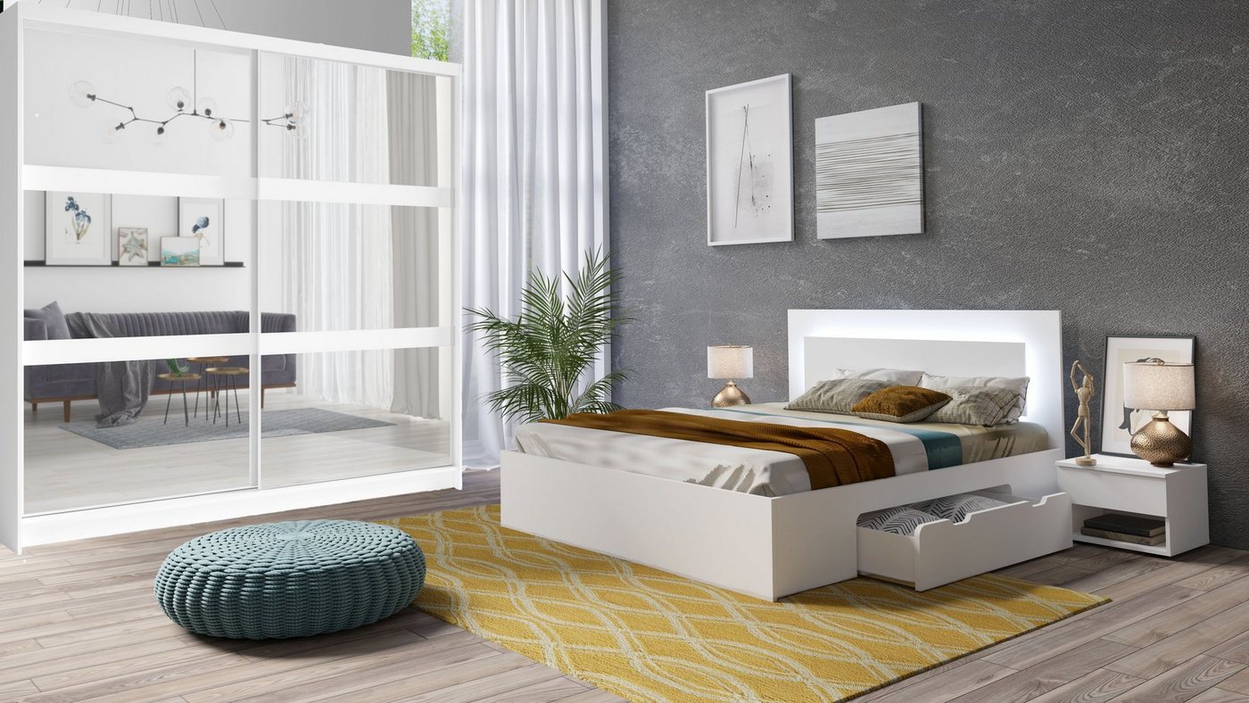 Möbel für Dich Komplettschlafzimmer Fino weiß, (4-teilig), Bett mit Schubladen, Schiebetürenschrank mit Spiegel von Möbel für Dich