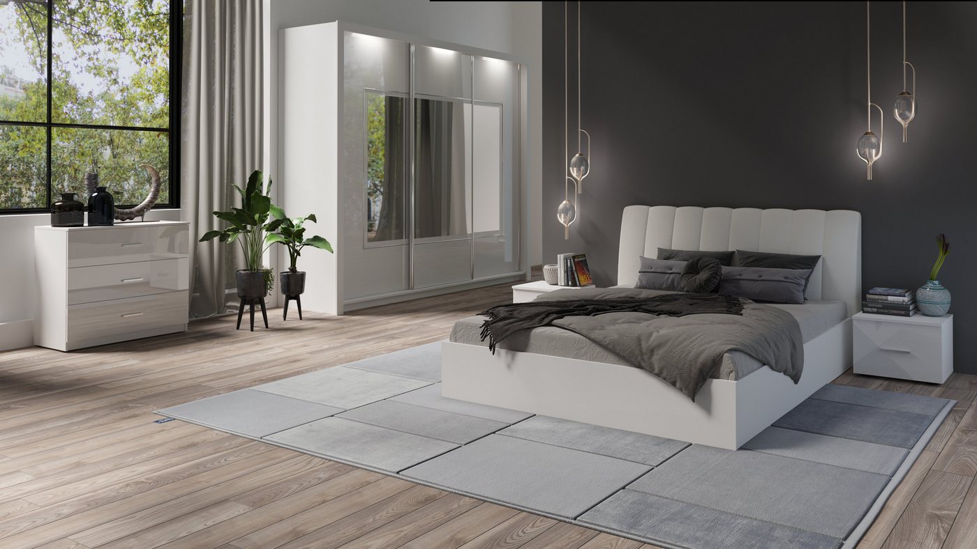 Möbel für Dich Komplettschlafzimmer Italia in Hochglanz-Weiß, Schiebetürenschrank mit Spiegel, LED, Bett mit Lattenrost, Bettkasten von Möbel für Dich