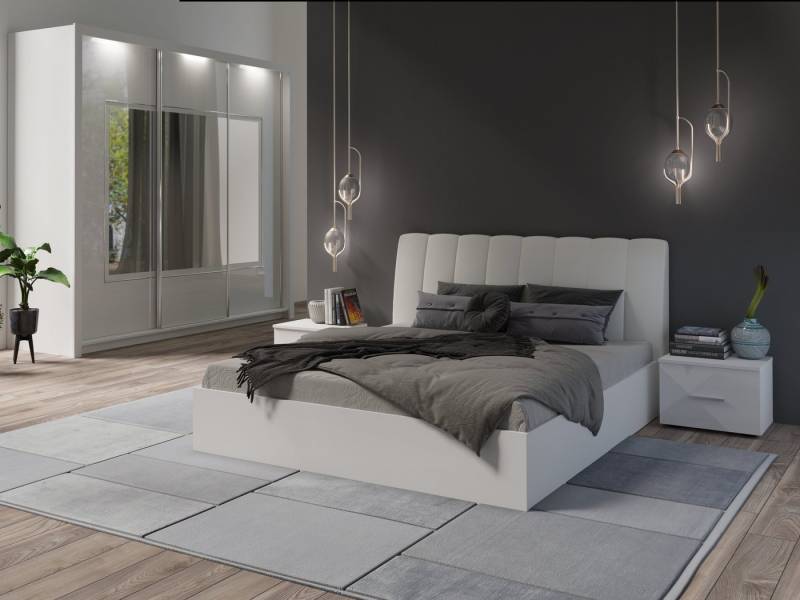 Möbel für Dich Komplettschlafzimmer Italia in Hochglanz-Weiß, Schiebetürenschrank mit Spiegel, LED, Bett mit Lattenrost, Bettkasten von Möbel für Dich