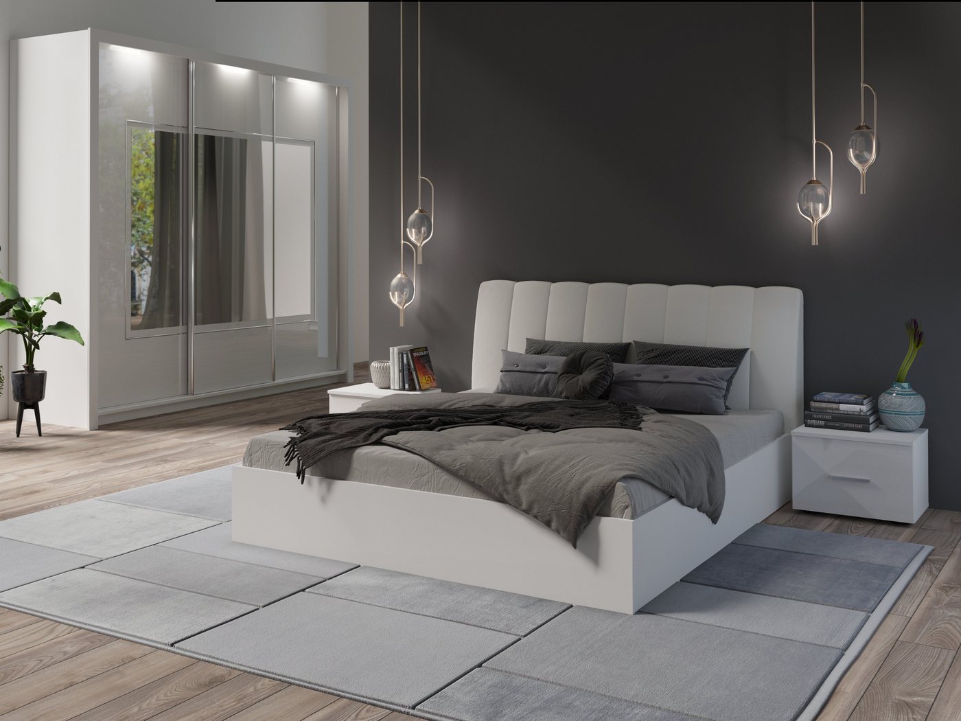 Möbel für Dich Komplettschlafzimmer Italia in Hochglanz-Weiß, Schiebetürenschrank mit Spiegel, LED, Bett mit Lattenrost, Bettkasten von Möbel für Dich