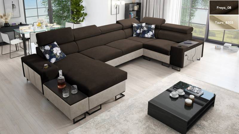 Möbel für Dich Wohnlandschaft Melody IV in U-Form mit USB, Ablagen und anderen Extras, mit Becherhalter in den Armlehnen und einem kleinen Beistelltisch von Möbel für Dich