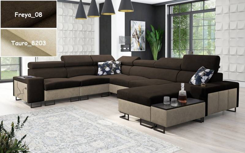 Möbel für Dich Wohnlandschaft XXL Melody VIII in U Form, mit Ablagen, Becherhalter, USB-Ladebüchse, Beistelltisch, 3 Bettkästen von Möbel für Dich