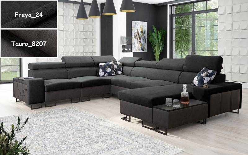 Möbel für Dich Wohnlandschaft XXL Melody VIII in U Form, mit Ablagen, Becherhalter, USB-Ladebüchse, Beistelltisch, 3 Bettkästen von Möbel für Dich