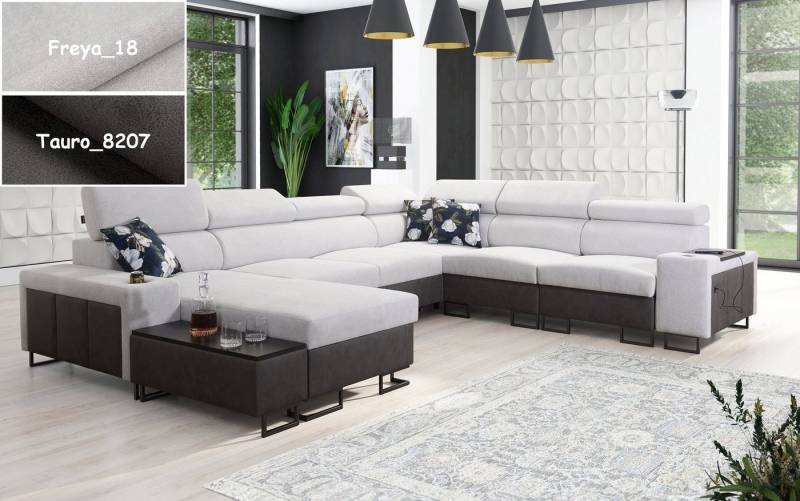 Möbel für Dich Wohnlandschaft XXL Melody VIII in U Form, mit Ablagen, Becherhalter, USB-Ladebüchse, Beistelltisch, 3 Bettkästen von Möbel für Dich