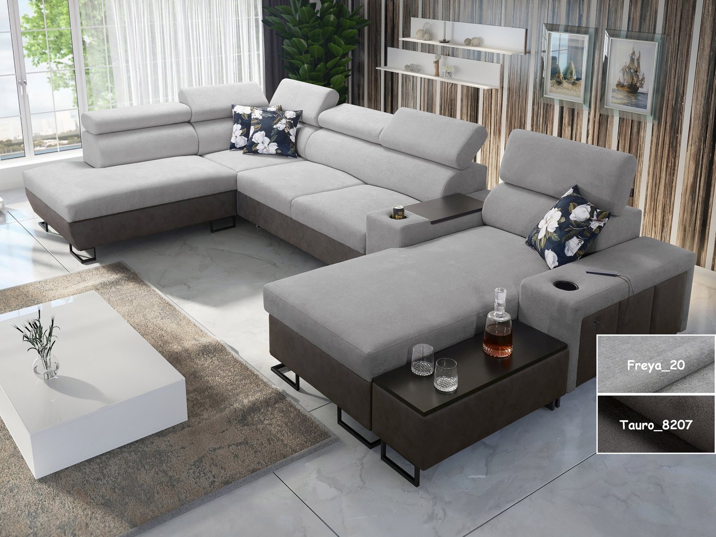 Möbel für Dich Wohnlandschaft in U-Form Melody V, mit Ablagetisch, Barfach, USB, Becherhalter, Bettfunktion, Bettkasten von Möbel für Dich