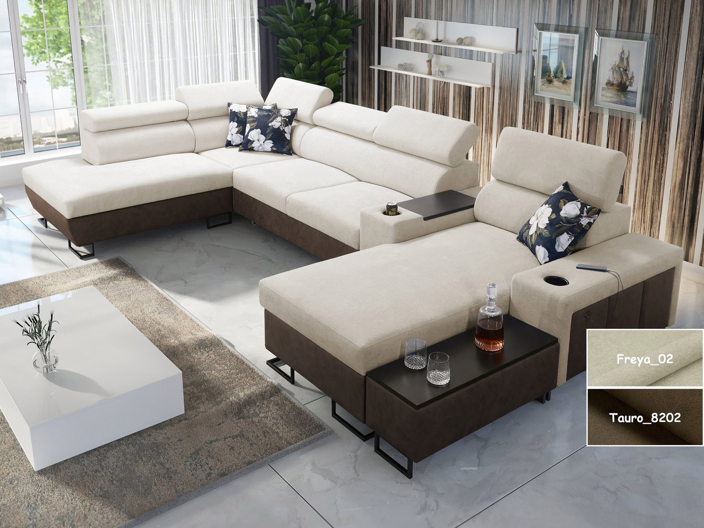 Möbel für Dich Wohnlandschaft in U-Form Melody V, mit Ablagetisch, Barfach, USB, Becherhalter, Bettfunktion, Bettkasten von Möbel für Dich