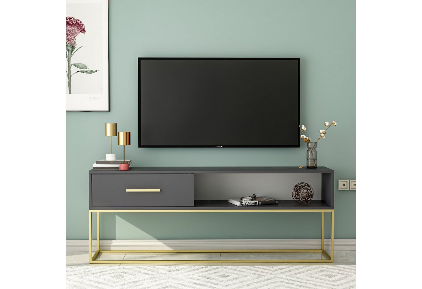 moebel17 TV-Regal TV Lowboard Mira Anthrazit mit Metall Füße 9222, modernes TV Lowboard in Anthrazit mit Goldenen Metallfüßen von Moebel17