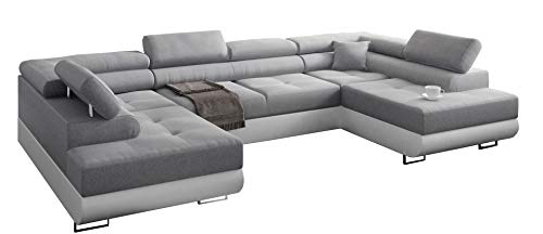 Ecksofa Miami U mit Schlaffunktion, Eckcouch mit Bettkasten, U Form Couch, Ecksofa mit Bettkasten, Sofagarnitur mit Schalffunktion, 338 x 203 cm (Hellgrau + Weißer Kunstleder -EKO) von Möbel48.