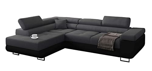 Ecksofa Miami mit Schlaffunktion, Eckcouch mit Bettkasten, L Form Couch, Ecksofa mit Bettkasten, Sofagarnitur mit Schalffunktion, Ottomane Links (Dunkelgrau + Schwarzer Kunstleder -EKO) von Möbel48