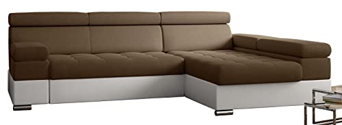 Ecksofa Paolo mit Schlaffunktion, Eckcouch mit Bettkasten, L-Form Ecksofa, L-Form Sofa, Ottomane Rechts, 260 cm x 162 cm (Braun Inari 24 + Creme Kunstleder (EKO)) von Möbel48.