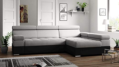 Ecksofa Paolo mit Schlaffunktion, Eckcouch mit Bettkasten, L-Form Ecksofa, L-Form Sofa, Ottomane Rechts, 260 cm x 162 cm (Hellgrau + Schwarzer Kunstleder (EKO)) von Möbel48.