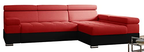 Ecksofa Paolo mit Schlaffunktion, Eckcouch mit Bettkasten, L-Form Ecksofa, L-Form Sofa, Ottomane Rechts, 260 cm x 162 cm (Rot Inari 60 + Schwarzer Kunstleder (EKO)) von Möbel48.