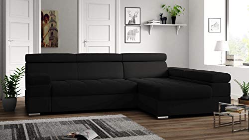 Ecksofa Paolo mit Schlaffunktion, Eckcouch mit Bettkasten, L-Form Ecksofa, L-Form Sofa, Ottomane Rechts, 260 cm x 162 cm (Schwarz + Schwarzer Kunstleder (EKO)) von Möbel48.