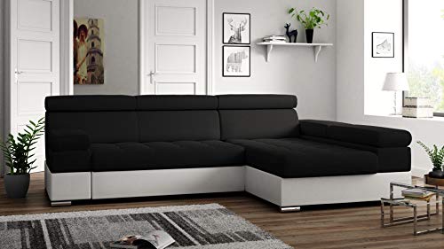 Ecksofa Paolo mit Schlaffunktion, Eckcouch mit Bettkasten, L-Form Ecksofa, L-Form Sofa, Ottomane Rechts, 260 cm x 162 cm (Schwarz + Weißer Kunstleder (EKO)) von Möbel48.