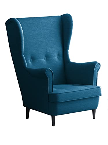 Leo Lounge Sessel mit Armlehnen, Stuhl aus Stoff mit Holz Füßen, Ohren- & armlehnensessel, Polsterstuhl, Ohrensessel, Ohrensessel groß, für Esszimmer & Wohnzimmer (Blau, Ohne Hocker) von Möbel48.