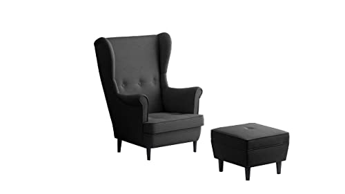 Leo Lounge Sessel mit Armlehnen, Stuhl aus Stoff mit Holz Füßen, Ohren- & armlehnensessel, Polsterstuhl, Ohrensessel, Ohrensessel groß, für Esszimmer & Wohnzimmer (Dunkelgrau, Mit Hocker) von Möbel48.