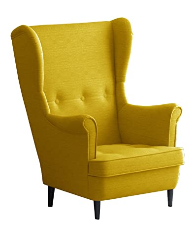 Leo Lounge Sessel mit Armlehnen, Stuhl aus Stoff mit Holz Füßen, Ohren- & armlehnensessel, Polsterstuhl, Ohrensessel, Ohrensessel groß, für Esszimmer & Wohnzimmer (Gelb, Ohne Hocker) von Möbel48.