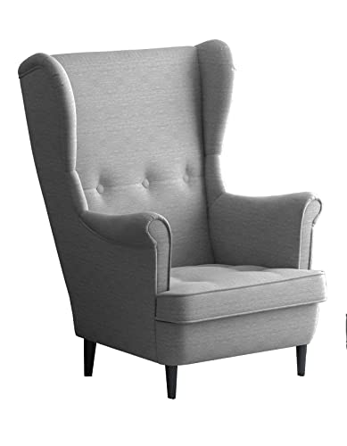 Leo Lounge Sessel mit Armlehnen, Stuhl aus Stoff mit Holz Füßen, Ohren- & armlehnensessel, Polsterstuhl, Ohrensessel, Ohrensessel groß, für Esszimmer & Wohnzimmer (Hellgrau, Ohne Hocker) von Möbel48.