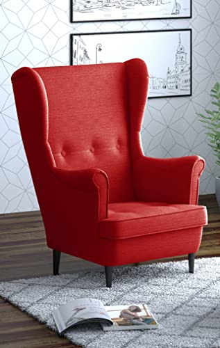 Leo Lounge Sessel mit Armlehnen, Stuhl aus Stoff mit Holz Füßen, Ohren- & armlehnensessel, Polsterstuhl, Ohrensessel, Ohrensessel groß, für Esszimmer & Wohnzimmer (Rot, Ohne Hocker) von Möbel48.