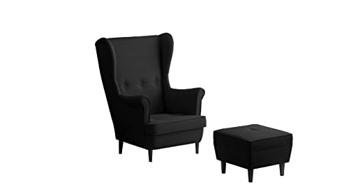 Leo Lounge Sessel mit Armlehnen, Stuhl aus Stoff mit Holz Füßen, Ohren- & armlehnensessel, Polsterstuhl, Ohrensessel, Ohrensessel groß, für Esszimmer & Wohnzimmer (Schwarz, Mit Hocker) von Möbel48.