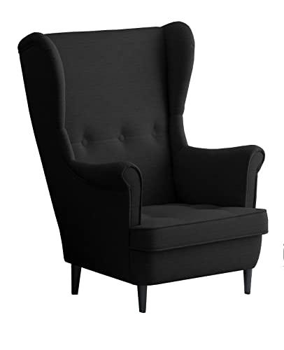 Leo Lounge Sessel mit Armlehnen, Stuhl aus Stoff mit Holz Füßen, Ohren- & armlehnensessel, Polsterstuhl, Ohrensessel, Ohrensessel groß, für Esszimmer & Wohnzimmer (Schwarz, Ohne Hocker) von Möbel48.