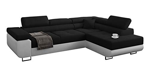 Miami Ecksofa Schlaffunktion, Eckcouch mit Bettkasten, Schlafsofa mit bettfunktion, L Form Couch, Ecksofa mit Bettkasten, Ottomane Rechts, 272 x 203 cm (Schwarz + Weißer Kunstleder -EKO) von Miami