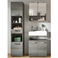 Waschplatz Set mit Spiegelschrank in Rauchsilber Holzoptik 185 cm hoch (dreiteilig) von Möbel4Life