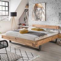 Schwebendes Balkenbett aus Wildeiche Massivholz modern von Möbel4Life
