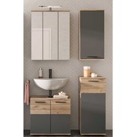 Waschplatz Set in Wildeichefarben und Grau inklusive Spiegelschrank (vierteilig) von Möbel4Life