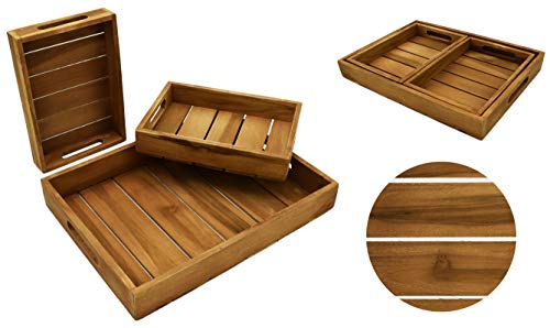 Möbelbörse Teak Holz Tablett Serviertablett Holztablett Dekotablett Teakholz mit Griff (3er Set: 2X klein + 1x groß) von Möbelbörse