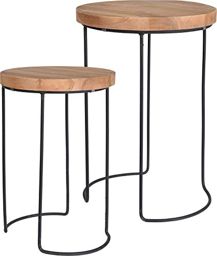 Möbelbörse Runde Couchtische im 2er Set Kaffeetisch aus Teak und Metall Satztisch Holztisch Blumenständer Blumenhocker Tisch Massivholz Rund Set von Möbelbörse