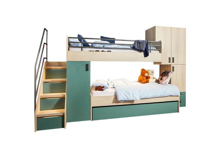 Rudolf Möbel Level 2 Etagenbett mit 2x Liegefläche inklusive Unterschiebeliege in Bergahorn-Nachbildung mit Supermatt Jade optional mit Beleuchtung Rudolf Möbel Level 2 Etagenbett mit 2x Liegefläche inklusive Unterschiebeliege in Bergahorn-Nachbildung mit Supermatt Jade optional mit Beleuchtung von Moebelexperten24.de