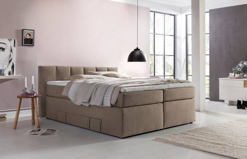 Möbelfreude Boxspringbett Boxspringbett Andybur mit niedrigem Kopfteil 1..., 140x200cm Beige/Grau H3 mit Strauraum / Bettkasten inkl. Visco-Topper von Möbelfreude