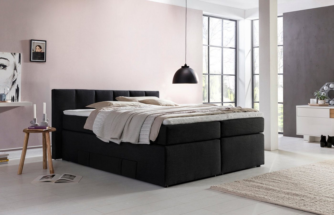 Möbelfreude Boxspringbett Boxspringbett Andybur mit niedrigem Kopfteil 1..., 140x200cm Schwarz H2 mit Strauraum / Bettkasten inkl. Visco-Topper, 7- von Möbelfreude