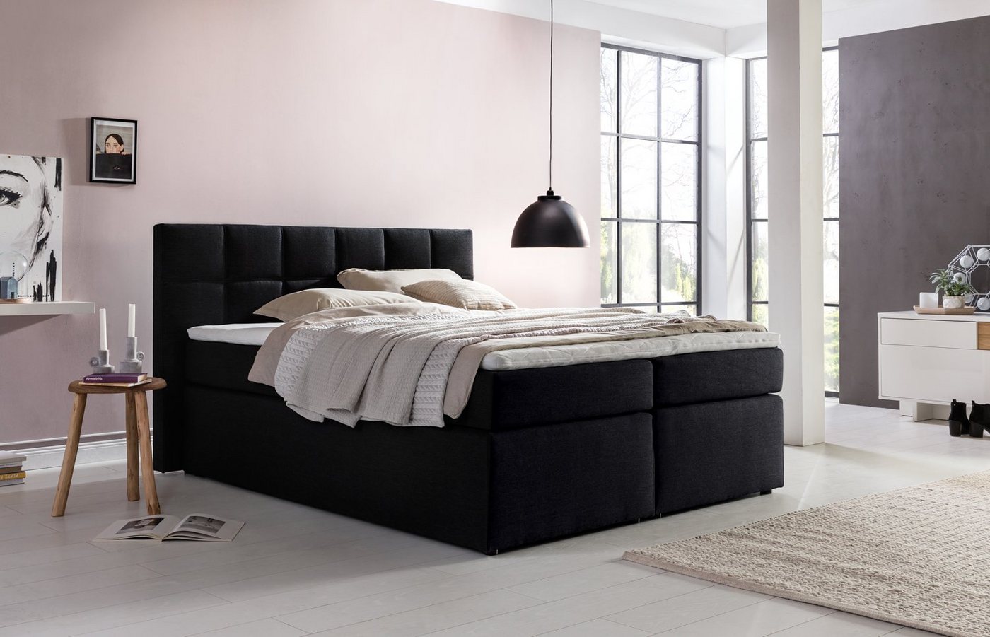 Möbelfreude Boxspringbett Boxspringbett Bea Schwarz 160x200 cm H3, Schwarz 160x200 cm H3 7-Zonen Taschenfederkern-Matratze + Bonell-Feder von RAVENSBERGER Matratzen