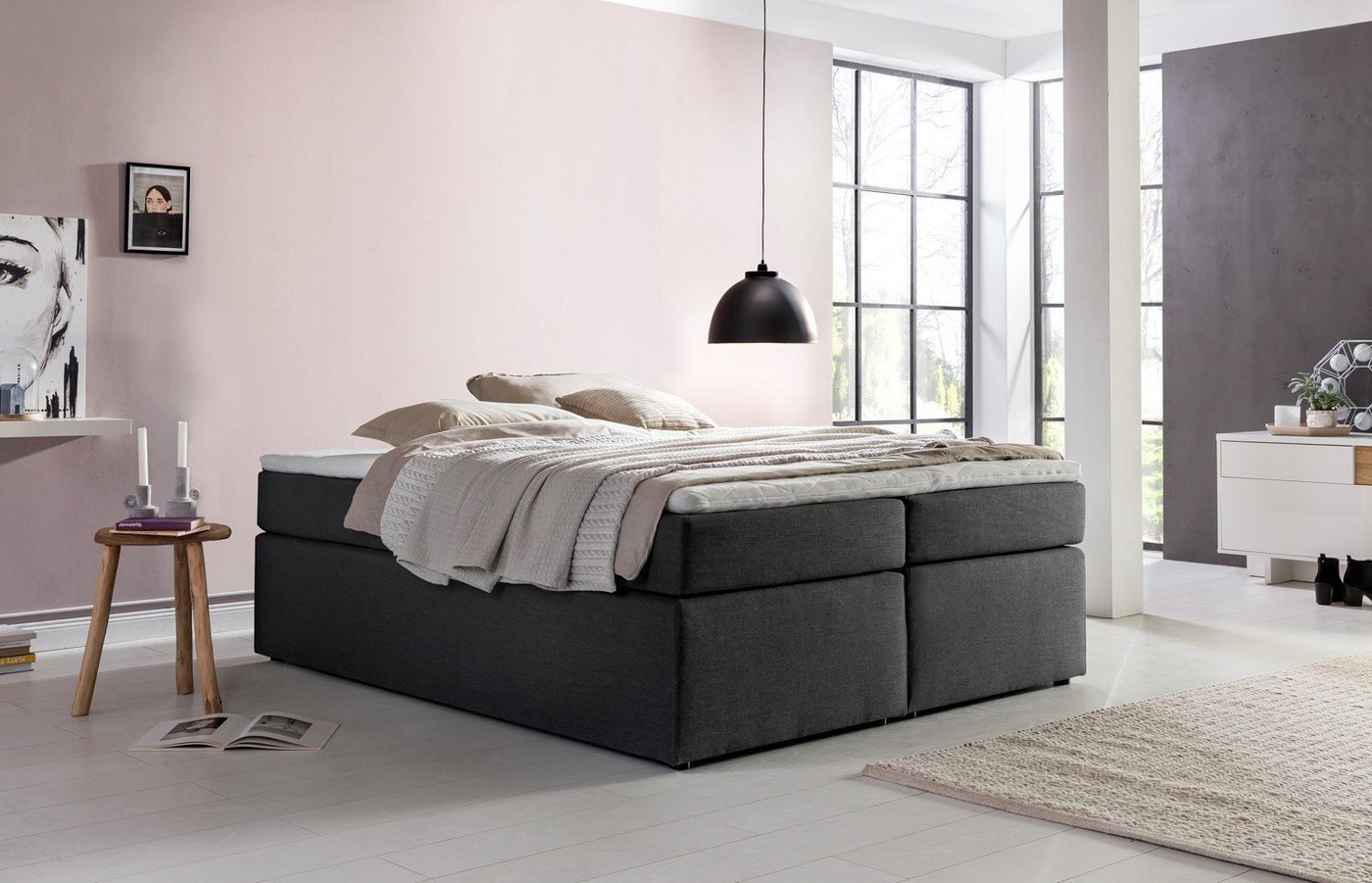 Möbelfreude Boxspringbett Boxspringbett Bella Anthrazit 160x220 cm H2/H3, Anthrazit 160x220 cm H2/H3, 7-Zonen Taschenfederkern-Matratze inkl. Vi von Möbelfreude