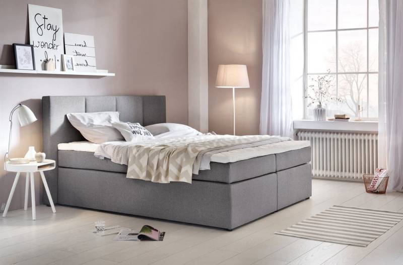 Möbelfreude Boxspringbett Boxspringbett KAZ Hellgrau 160x220 cm H2/H3, Hellgrau 160x220 cm H2/H3 inkl. Visco-Topper, Taschenfederkern-Matratz von Möbelfreude
