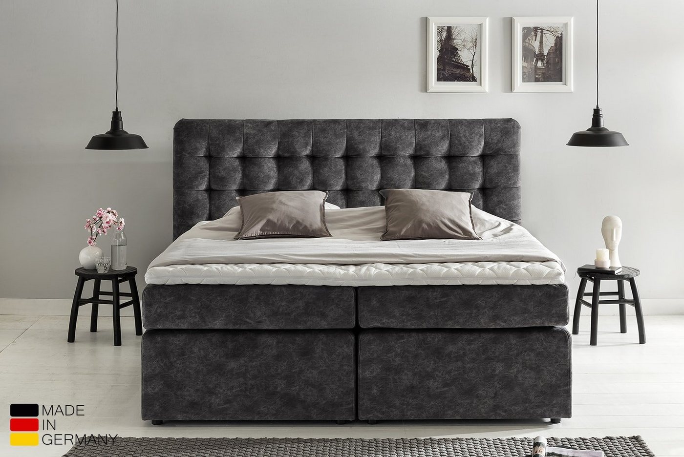 Möbelfreude Boxspringbett Boxspringbett Perris 160x200 cm Anthrazit H3, 160x200 cm Anthrazit Härtegrad H3 I mit hochwertigen Tonnen-Taschenfed von Möbelfreude