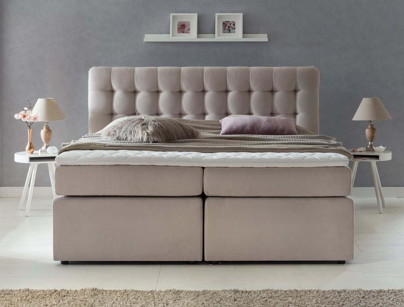 Möbelfreude Boxspringbett Boxspringbett Perris 160x200 cm Beige Uni H2, 160x200 cm Beige Uni Härtegrad H2 I mit hochwertigen Tonnen-Taschenfed von Möbelfreude