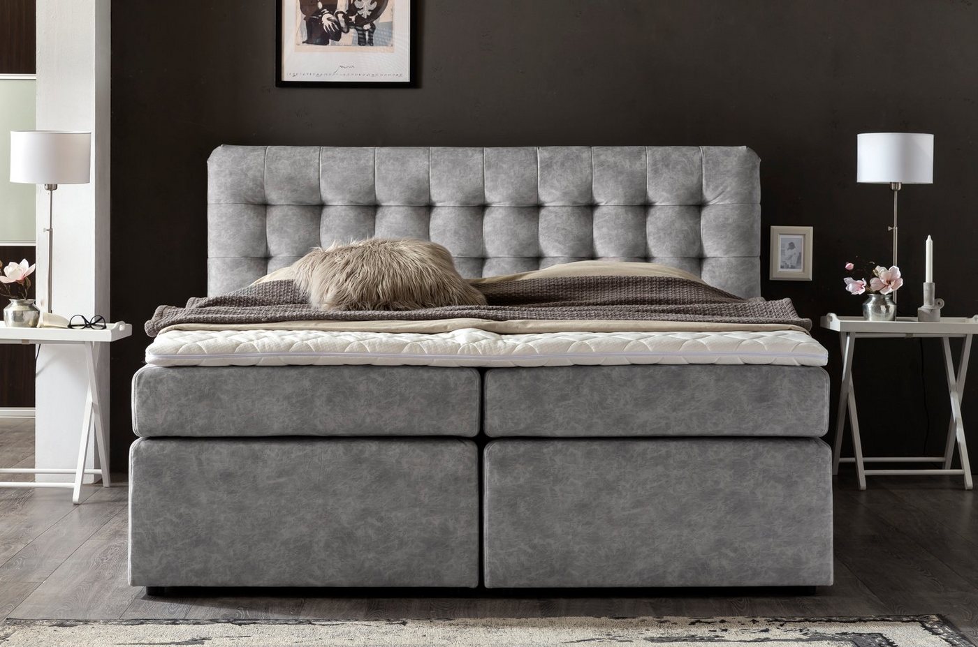 Möbelfreude Boxspringbett Boxspringbett Perris 160x200 cm Hellgrau H2/H3, 160x200 cm Hellgrau H2/H3 I mit hochwertigen Tonnen-Taschenfederkern M von Möbelfreude