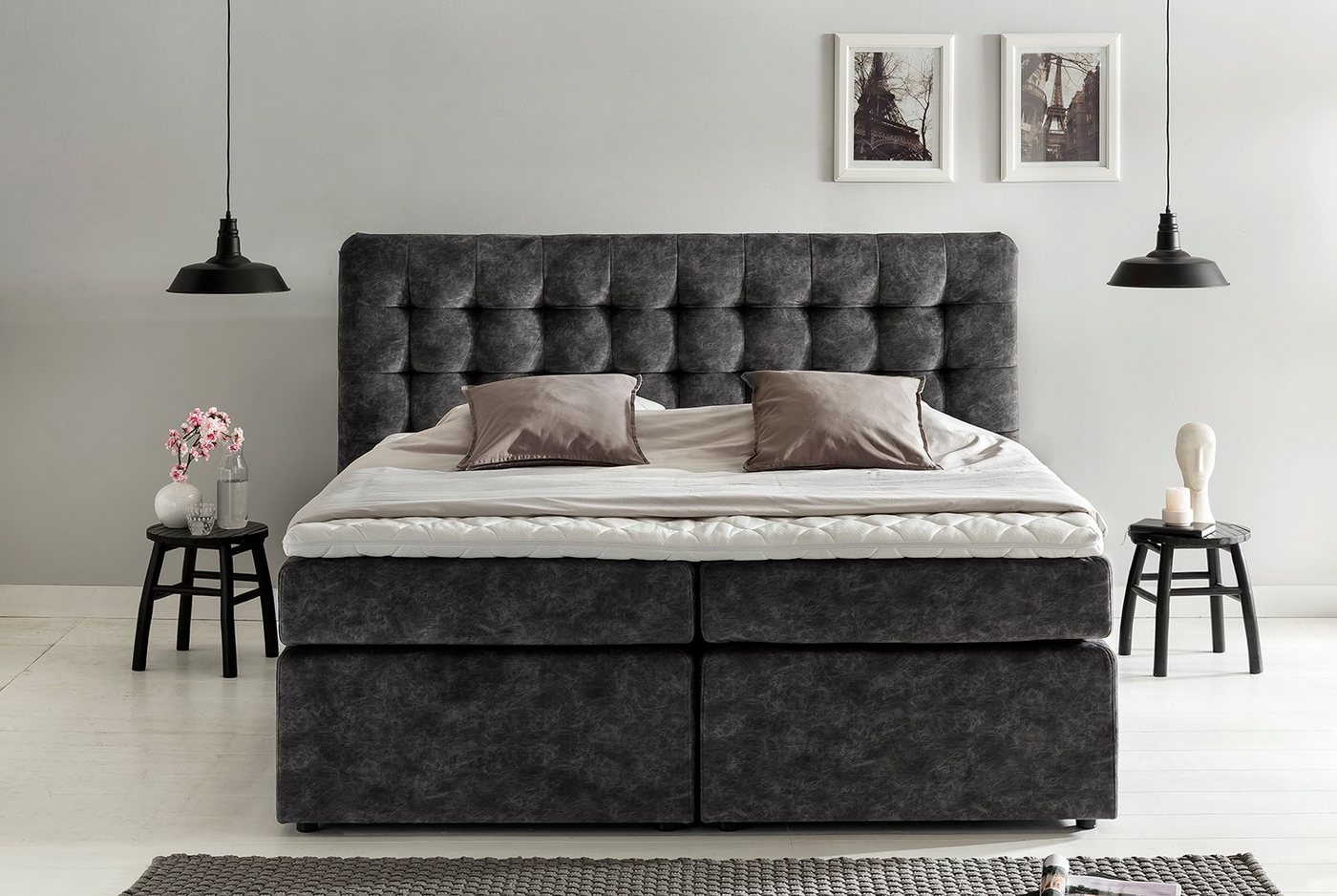 Möbelfreude Boxspringbett Boxspringbett Perris 180x200 cm Anthrazit H2, 180x200 cm Anthrazit Härtegrad H2 I mit hochwertigen Tonnen-Taschenfed von Möbelfreude