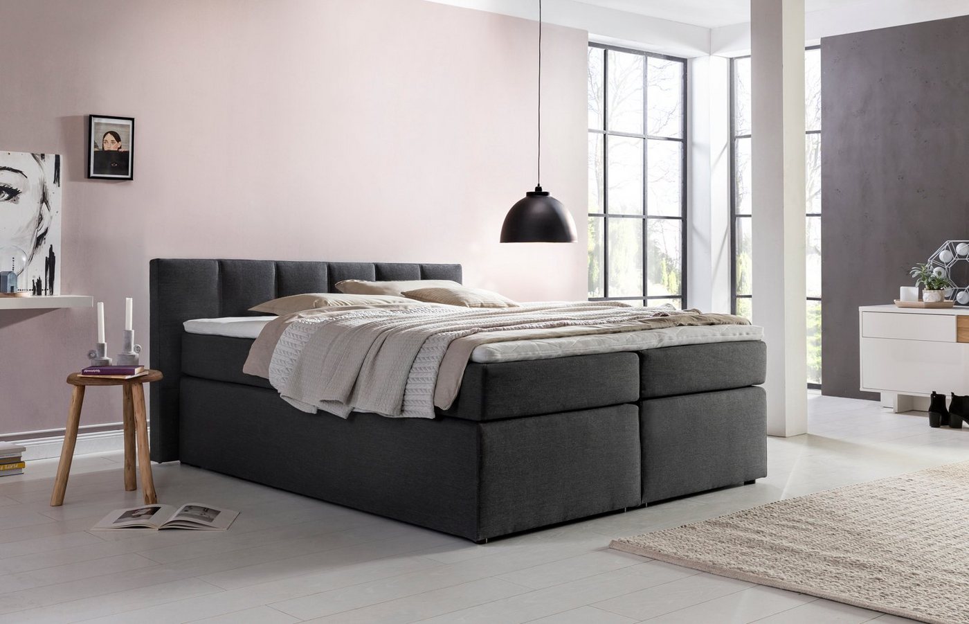 Möbelfreude Boxspringbett Boxspringbett Valina 100x200 cm Anthrazit H3, 100x200 cm Anthrazit H3 niedriges Kopfteil 90 cm Ideal für Dachsschräg von Möbelfreude