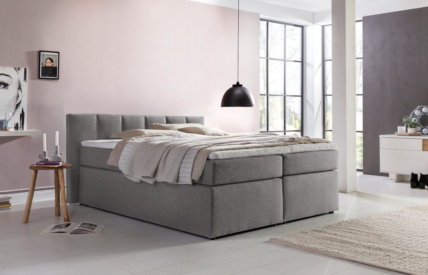 Möbelfreude Boxspringbett Boxspringbett Valina 180x200 cm Hellgrau H2, 180x200 cm Hellgrau H2 niedriges Kopfteil 90 cm Ideal für Dachsschrä von Möbelfreude