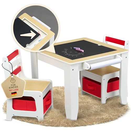 Möbelitop Kindertisch mit 2 Stühlen, Maltisch mit Tafel und Papierrolle, Tafeltisch, Kindersitzgruppe aus Holz, Kindertisch Stuhl Set, Kinderstuhl mit Stauraum von Möbelitop