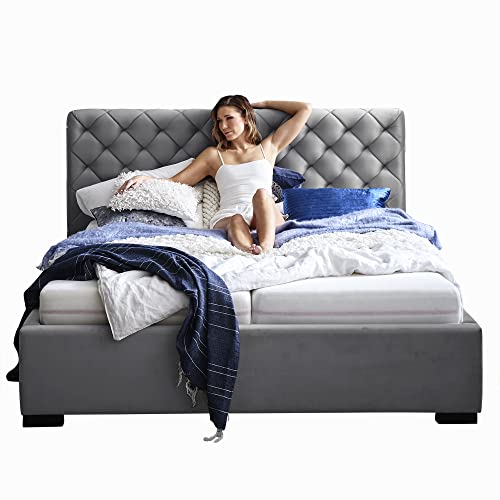 Designer Bett mit Bettkasten ELSA Samt-Stoff Polsterbett Lattenrost Doppelbett Stauraum Holzfuß schwarz (Grau, 140 x 200 cm) von Moebella