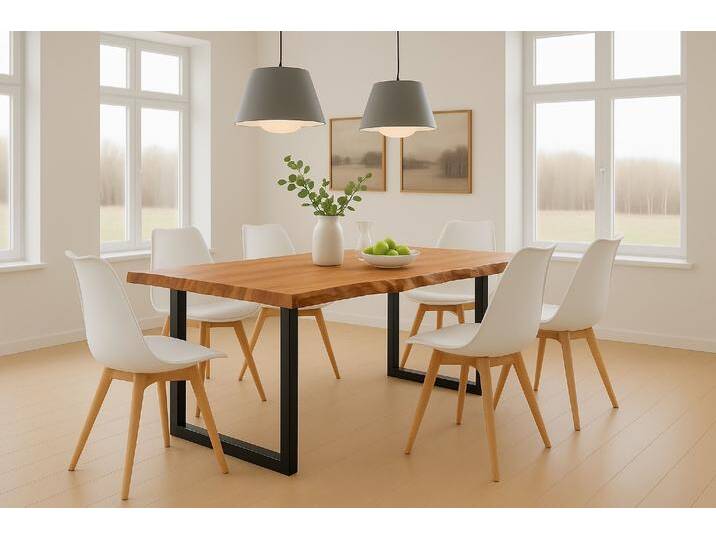 Essgruppe Baumkante massiv 160 x 85 cm Akazie naturfarben U-Gestell schwarz & 6 Stühle weiß QUINN Essgruppe Baumkante massiv 160 x 85 cm Akazie naturfarben U-Gestell schwarz & 6 Stühle weiß QUINN von Möbelliebling