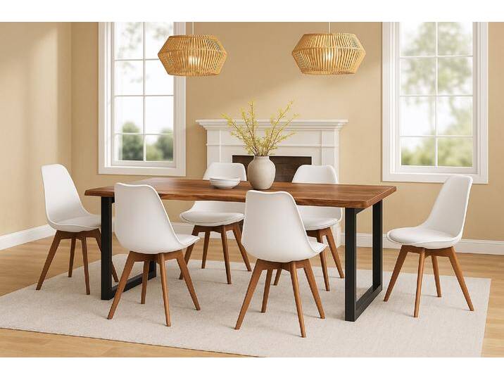 Essgruppe Baumkante massiv 160 x 85 cm Holz-Optik Nussbaum U-Gestell schwarz & 6 Stühle weiß JOSY Essgruppe Baumkante massiv 160 x 85 cm Holz-Optik Nussbaum U-Gestell schwarz & 6 Stühle weiß JOSY von Möbelliebling