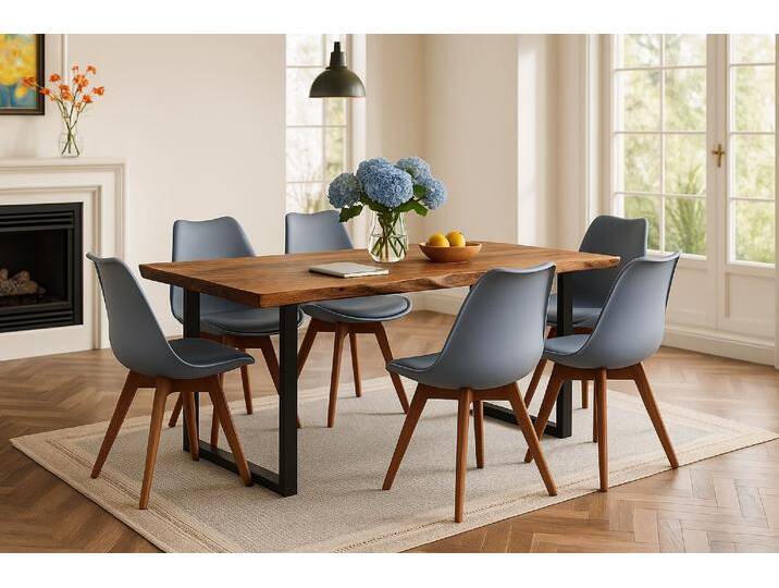 Essgruppe Baumkante massiv 180 x 90 cm Akazie nussbaumfarben U-Gestell schwarz & 6 Stühle grau QUINN von Möbelliebling