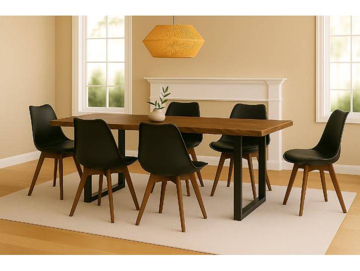 Essgruppe Baumkante massiv 200 x 100 cm Holz-Optik Nussbaum U-Gestell schwarz & 6 Stühle schwarz JOSY Essgruppe Baumkante massiv 200 x 100 cm Holz-Optik Nussbaum U-Gestell schwarz & 6 Stühle schwarz JOSY von Möbelliebling